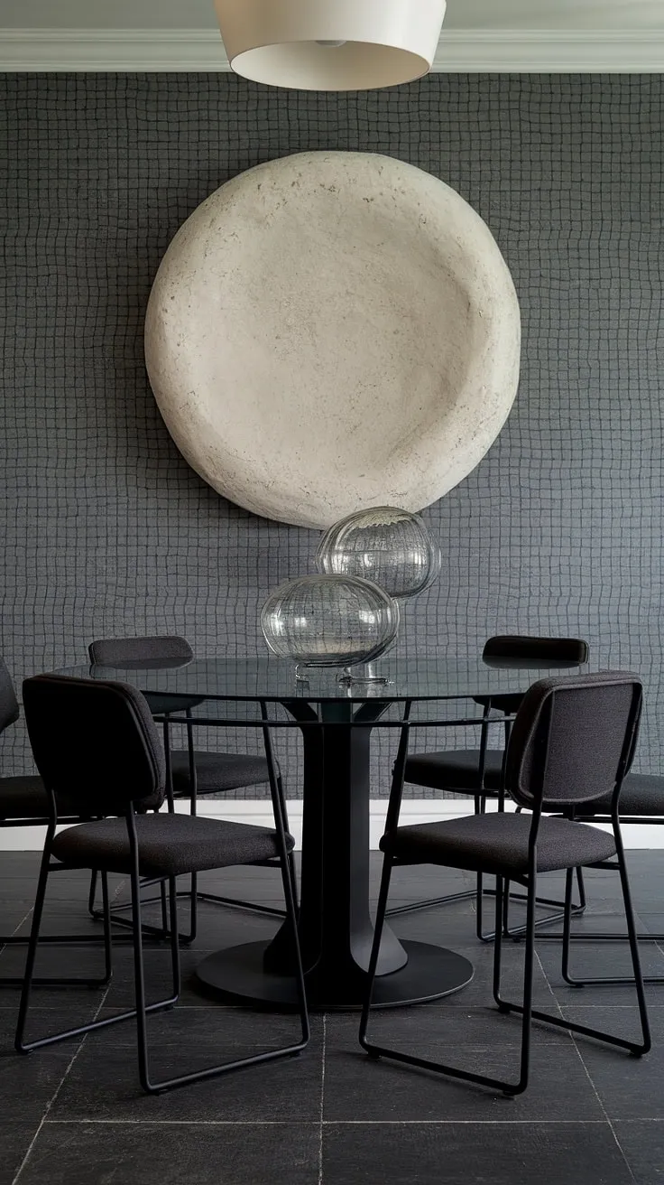 Sleek and sophisticated, this transitional dining room seamlessly blends modern and classic elements. The black glass dining table, accented by dark grey chairs and a statement white wall sculpture, creates a captivating focal point. A simple pendant light completes the look, illuminating the space with understated elegance.