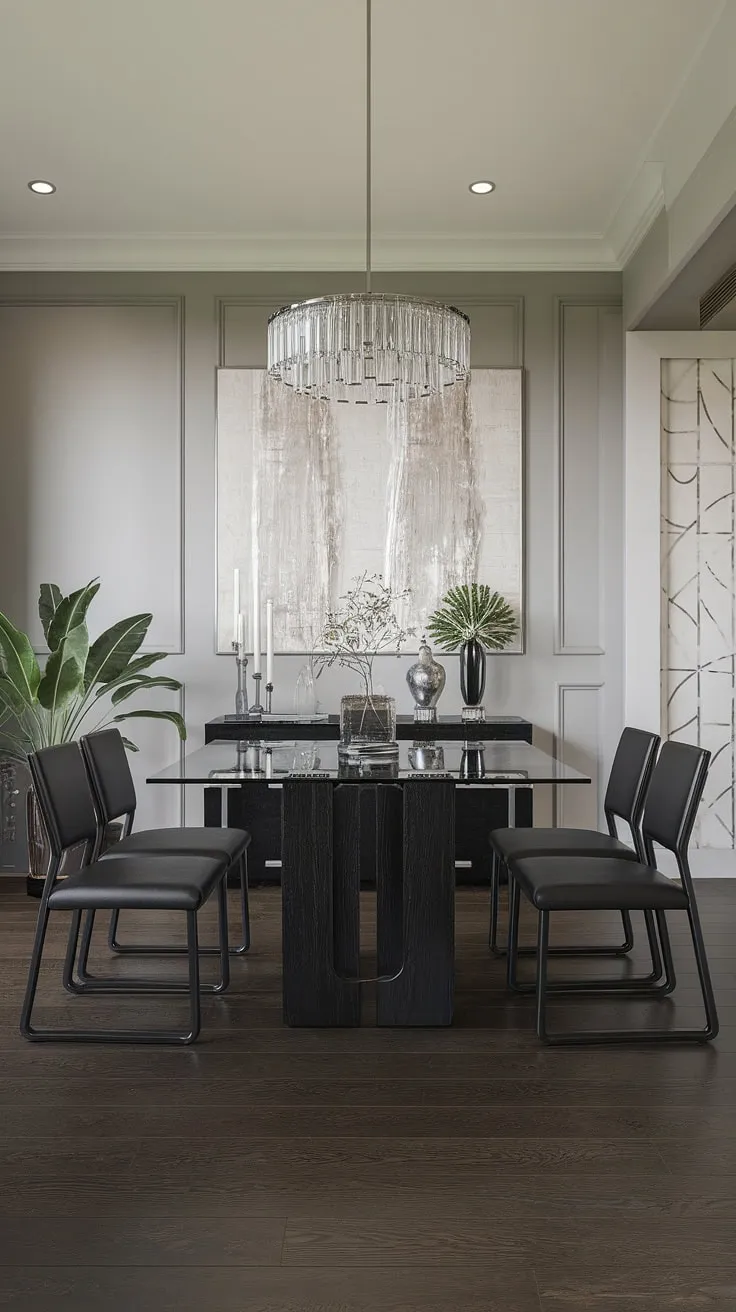 Sleek and sophisticated, this transitional dining room seamlessly blends modern elegance with a touch of warmth. The black glass dining table, accented by luxurious leather chairs, creates a dramatic focal point against the calming grey walls. A statement art piece and subtle greenery add personality, while the dark wood floors ground the space, resulting in a truly inviting atmosphere.