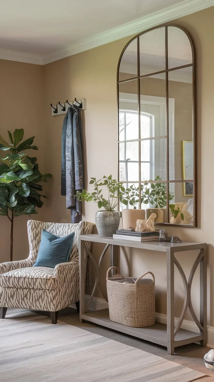 A welcoming haven awaits. This entryway's design seamlessly blends functionality and style, featuring a large mirror to maximize space, a practical console table, and a charming accent chair for a moment's rest. The neutral palette and carefully chosen accessories create a tranquil and inviting atmosphere.