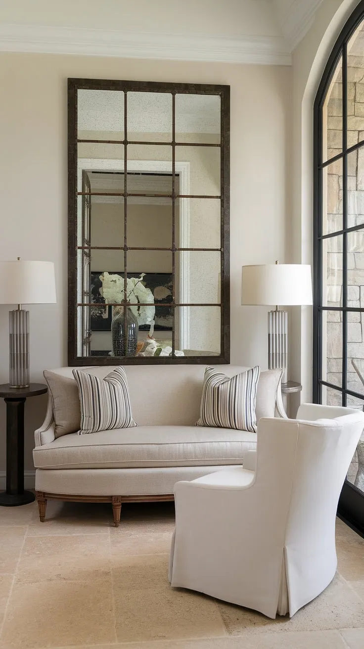 Where comfort meets style. This transitional entryway, anchored by a plush beige sofa and crisp white accent chair, creates a welcoming and sophisticated first impression. The large mirror adds depth and light, reflecting the elegant beige tile flooring. A perfect blend of textures and tones for a truly inviting space.