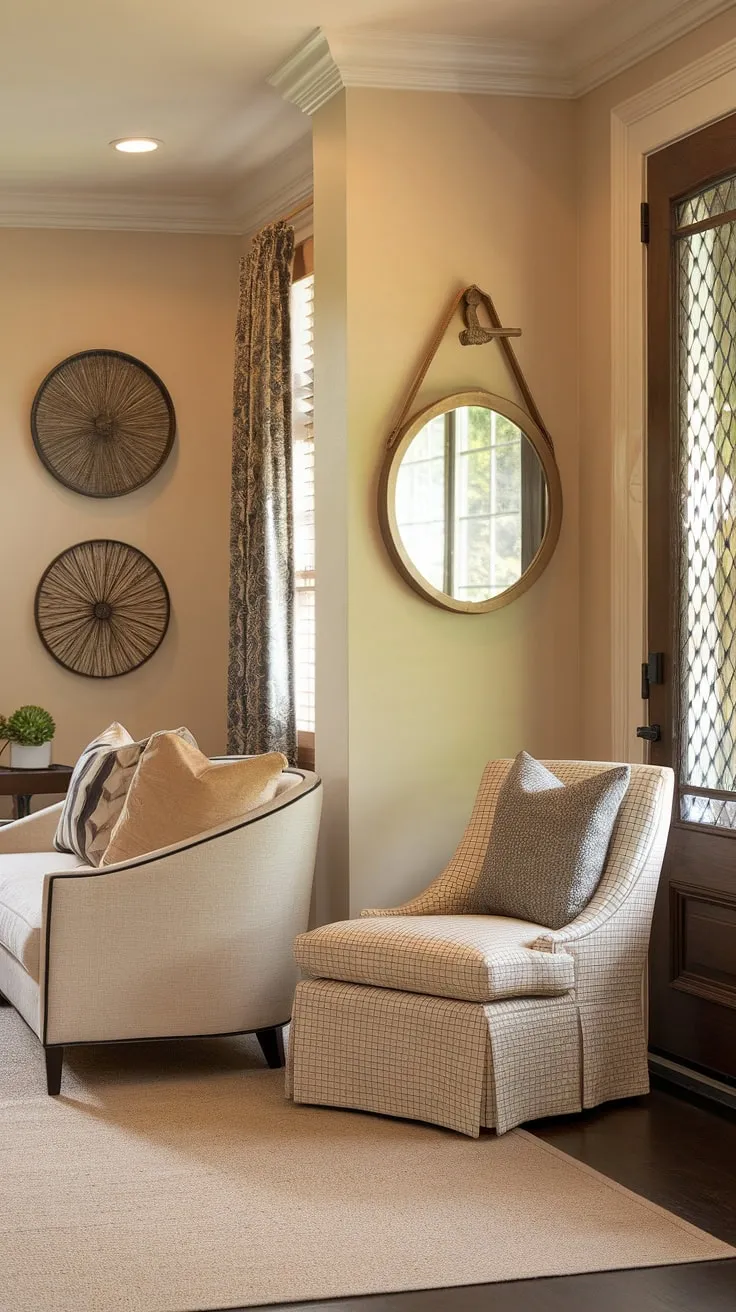 Step into serenity. This transitional entryway, bathed in warm light, welcomes you with its calming beige palette, comfortable seating, and thoughtfully chosen accents. The round mirror adds a touch of elegance, perfectly complementing the overall sophisticated yet relaxed atmosphere. A truly inviting space to begin and end your day.