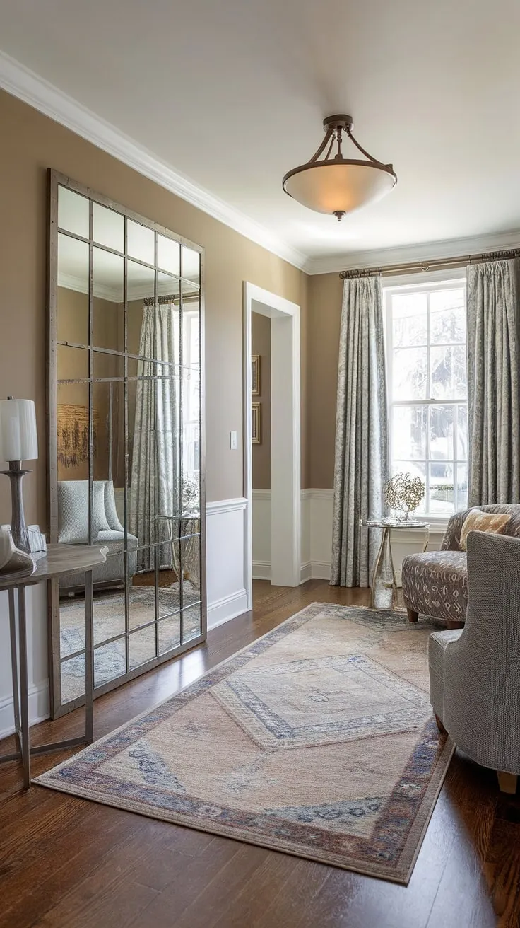A sophisticated yet comfortable space, this entryway effortlessly blends style and function. The neutral beige walls provide a calming backdrop for the rich textures and elegant details, making a grand first impression.