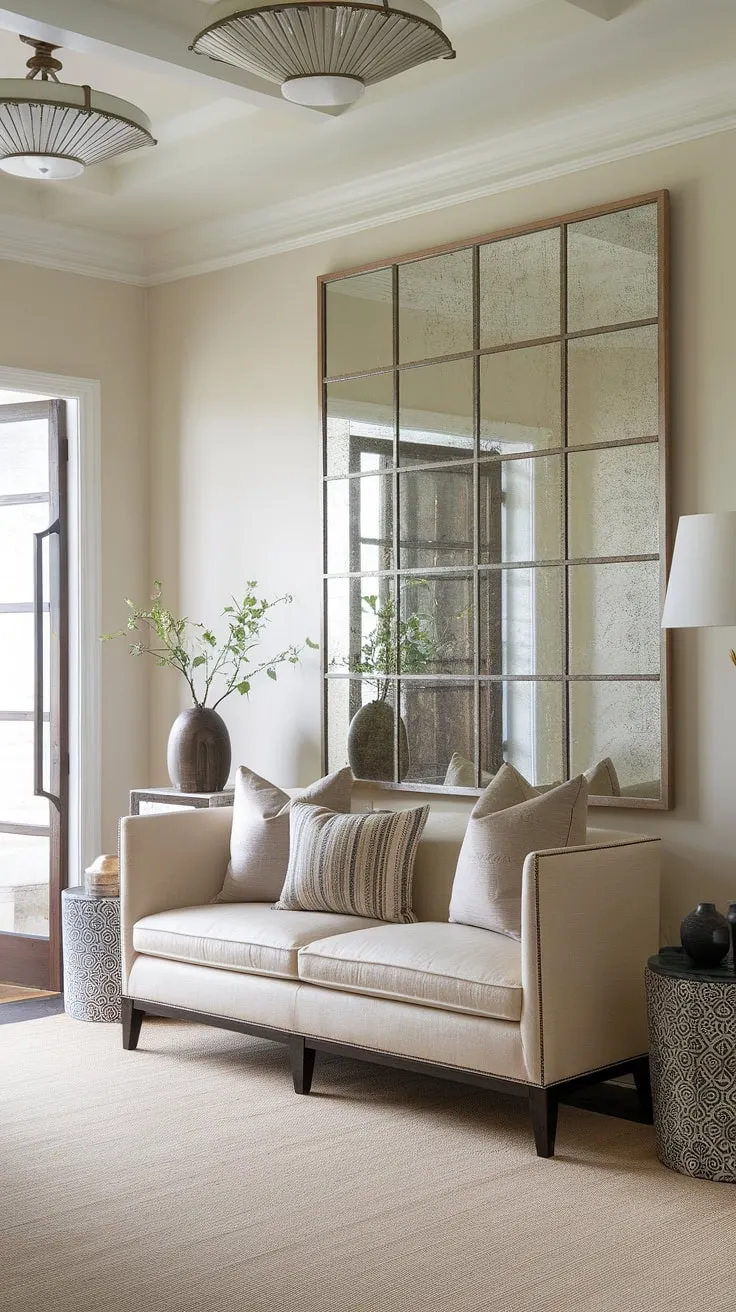 This transitional entryway effortlessly blends comfort and style. The beige sofa, perfectly complemented by the large mirror and subtle lighting, creates a welcoming and sophisticated atmosphere. A sense of calm permeates the space, making it the perfect transition between the outside world and the heart of the home.