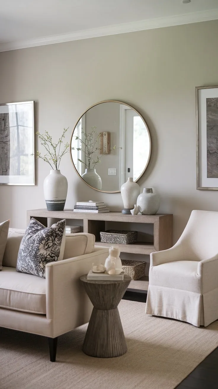 Step into serenity. This thoughtfully designed entryway, with its calming beige and gray tones, showcases the perfect balance of form and function. The comfortable seating arrangement, accented by a chic round mirror and wooden console, creates a welcoming a space that sets the tone for the entire home.