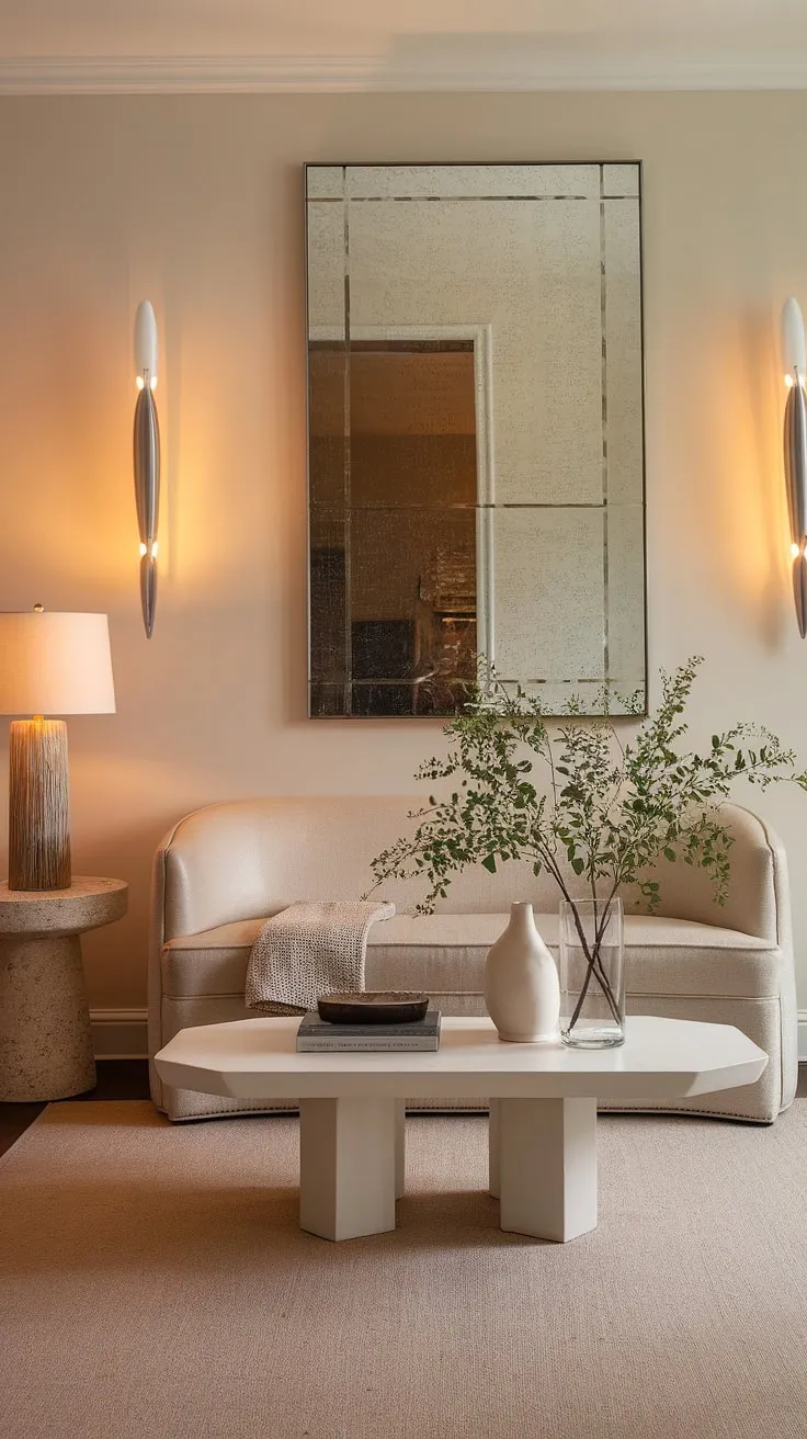 This transitional entryway is the epitome of calm. A plush beige sofa beckons you to relax, while the strategically placed mirror and white coffee table create a sense of spaciousness. The warm lighting and carefully curated decorative items add a touch of personality, making it a truly welcoming space. A haven of tranquility.