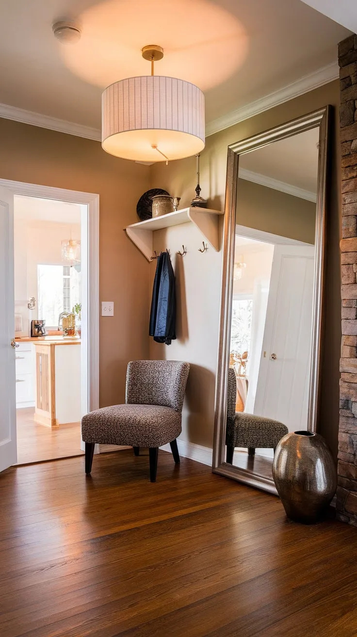 Warm lighting and thoughtful details transform this transitional entryway into a welcoming haven. The large mirror, accent chair, and carefully chosen décor create a space that's both stylish and functional, effortlessly blending a comfort and sophistication.