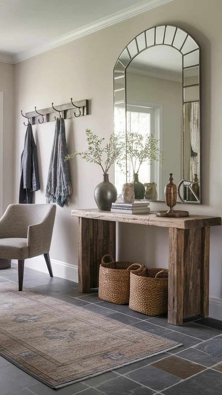 Step into style. This transitional entryway, complete with a large mirror reflecting natural light, a cozy accent chair perfect for a moment's rest, and a practical console table, sets the tone for the entire home. The thoughtful details, from the coat hooks to the textured rug, create a welcoming and functional space.