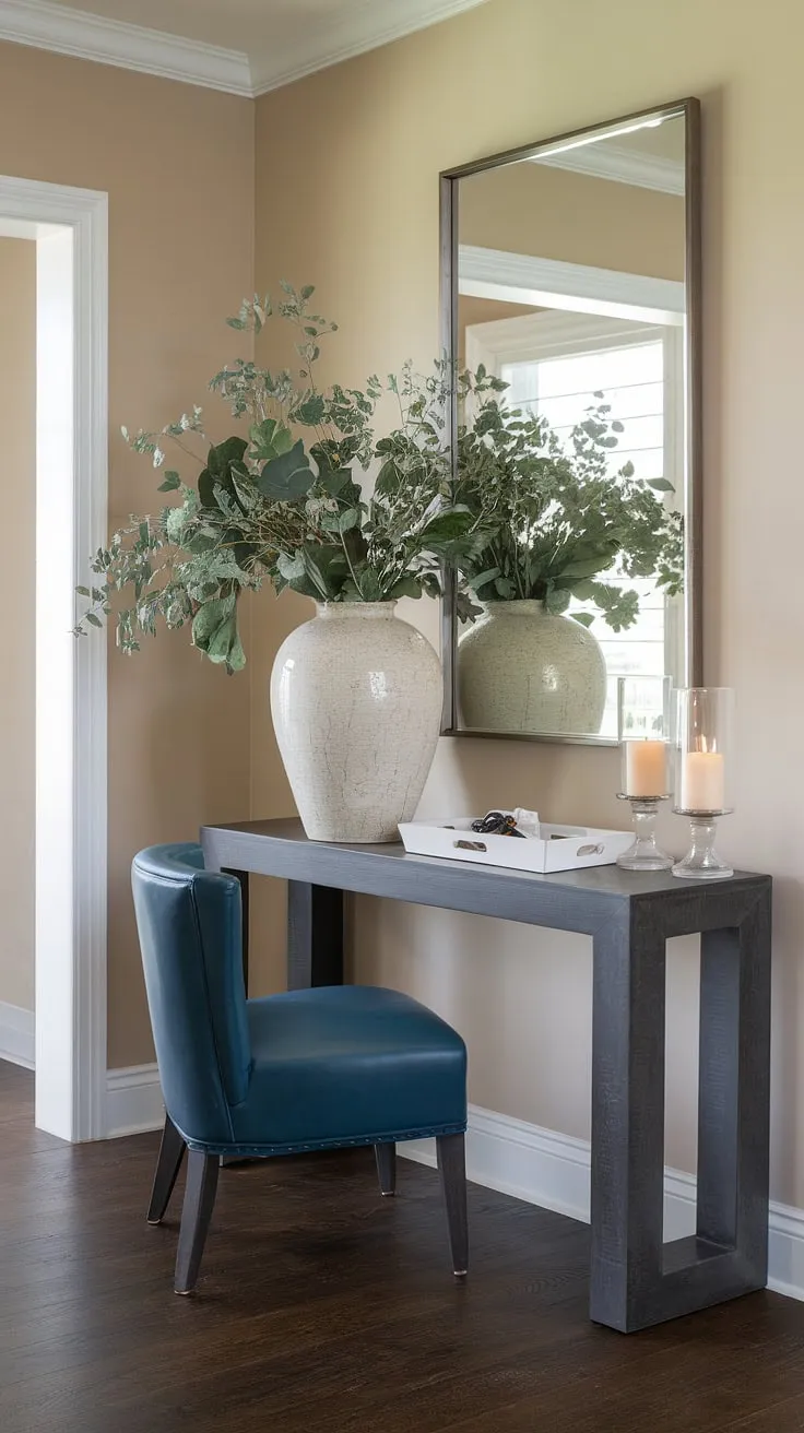 A sophisticated entryway sets the tone for the entire home. The dark gray console table, accented by a pop of blue in the chair and lush greenery, creates a welcoming and stylish transition between spaces. A perfect blend of modern and classic design.