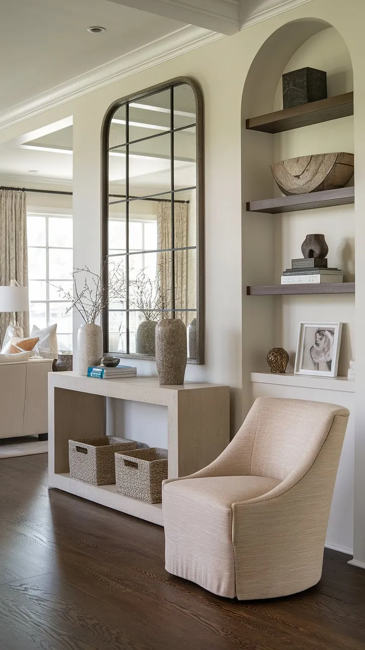 Step into serenity. This transitional entryway, with its calming beige tones and strategic use of mirrors to maximize light and space, sets the perfect welcoming tone for the home. The dark wood floors and thoughtfully placed décor create a sophisticated yet inviting ambiance. A sense of calm and understated elegance pervades the space.