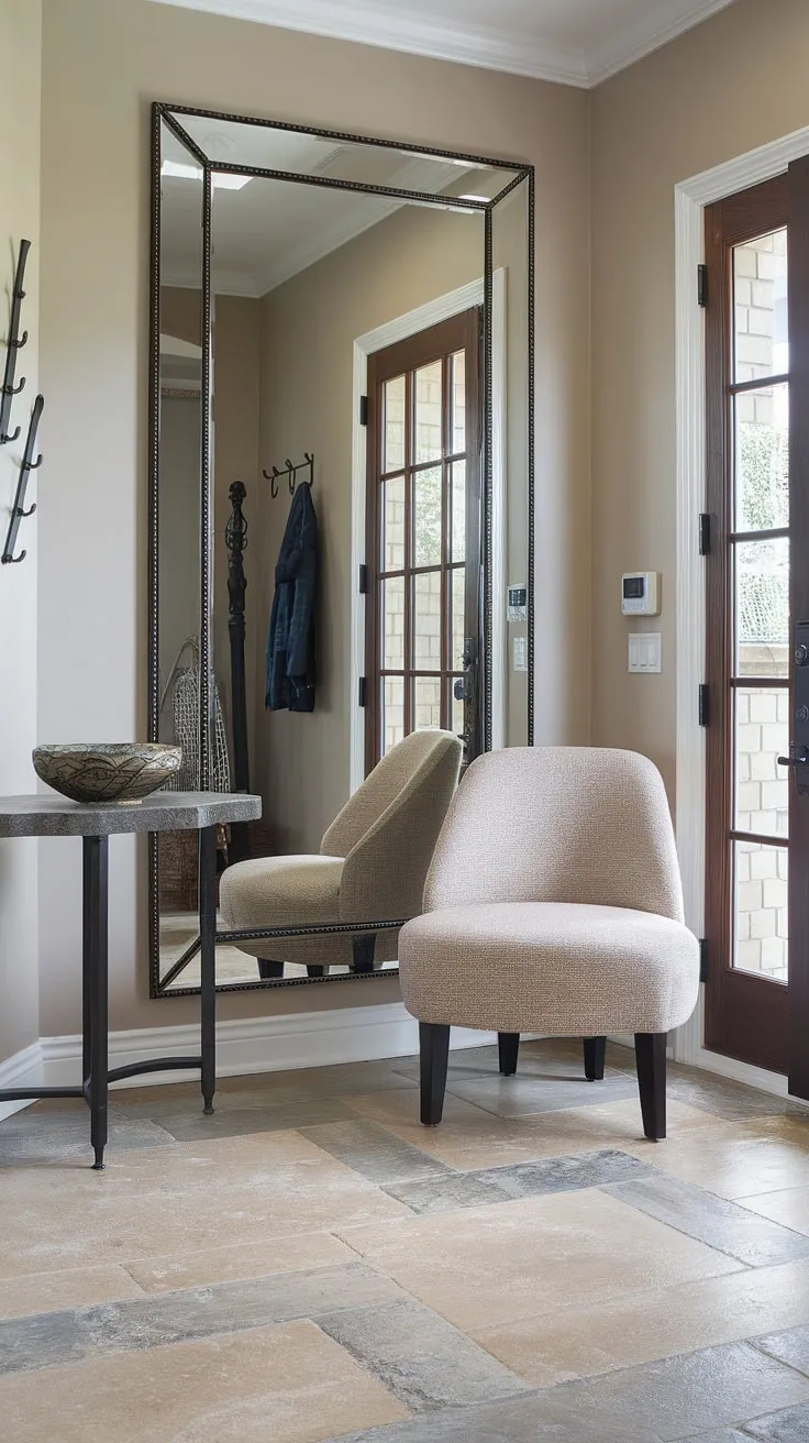 Step into serenity. This transitional entryway, with its calming beige tones and thoughtful details like the large mirror reflecting natural light and the comfortable accent chair, sets a welcoming tone for the entire home. The subtle gray in the tile adds a touch of sophistication.