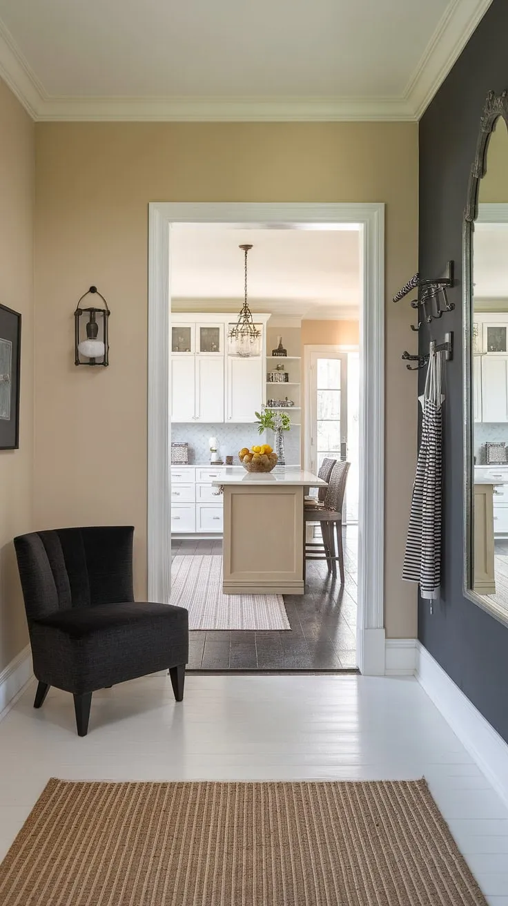 The sophisticated interplay of textures and tones in this entryway is captivating. The dark gray accent wall, complete with a statement mirror and convenient storage, adds depth and personality. The calming beige and crisp white create a welcoming transition to the bright, airy kitchen, promising culinary adventures ahead.