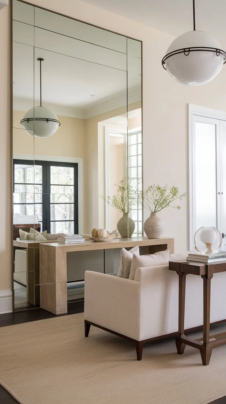 Step into serenity. This transitional entryway, bathed in soft beige and white, welcomes you with open arms. The large mirror expands the space, while the comfortable sofa and elegant console table create a haven of calm. A perfect blend of style and comfort.