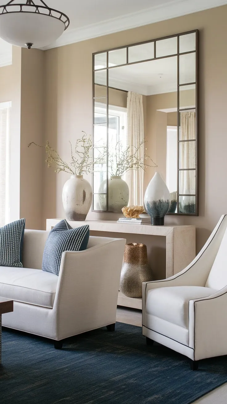 This transitional entryway effortlessly blends comfort and style. The beige sofa and white accent chair offer a welcoming seating area, perfectly complemented by the dark blue rug and large mirror that adds depth and light. A few carefully chosen decorative items on the console table complete the look, creating a space that's both functional and aesthetically pleasing.