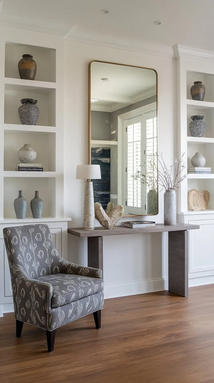This thoughtfully designed entryway seamlessly blends form and function. The large mirror visually expands the space, while the built-in shelving offers ample storage. The comfortable accent chair and stylish console table create a welcoming atmosphere, making a grand first impression. A perfect example of transitional design at its finest.
