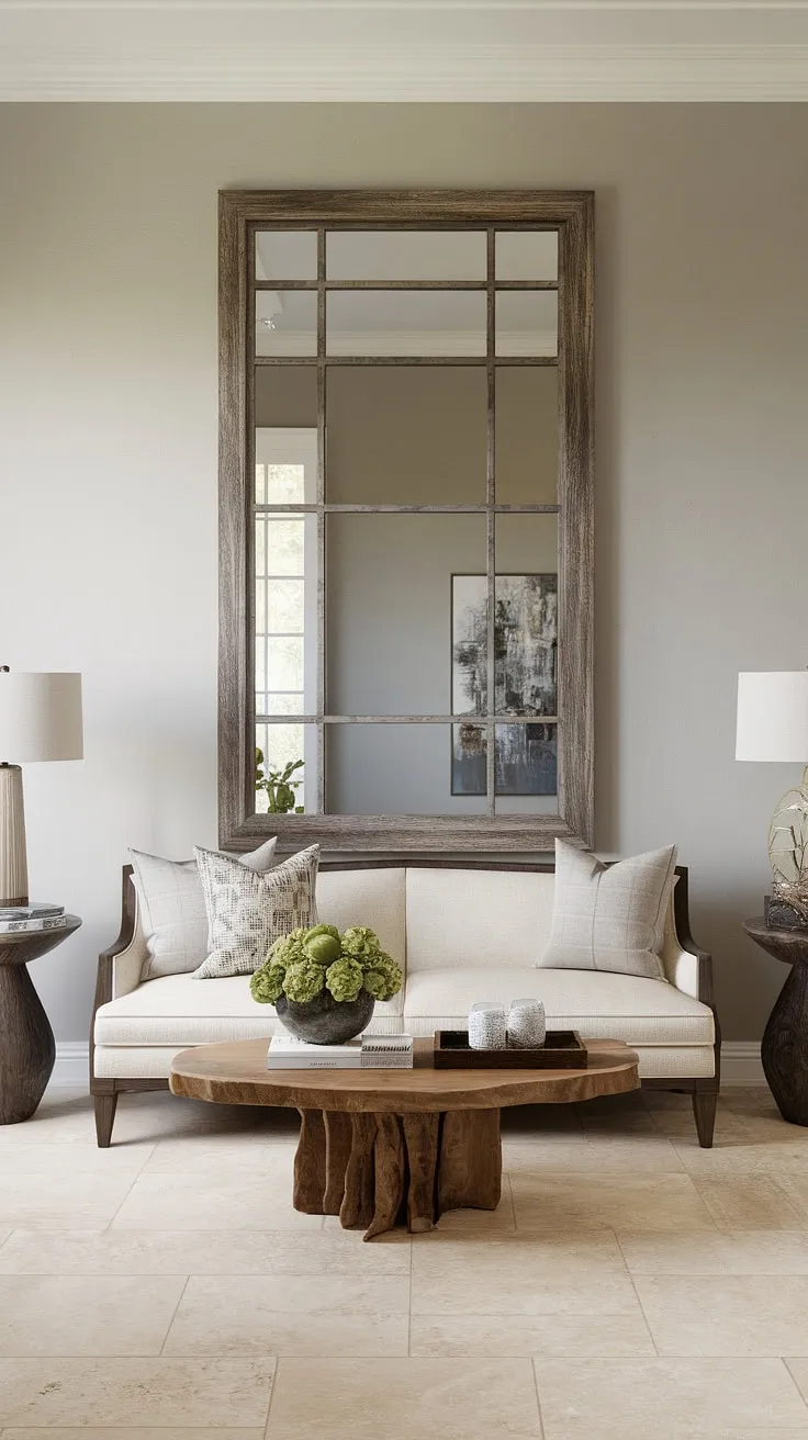 Step into serenity. This transitional entryway, with its calming gray walls and inviting beige sofa, sets the perfect tone for the home. The large mirror adds depth and light, creating a welcoming atmosphere.