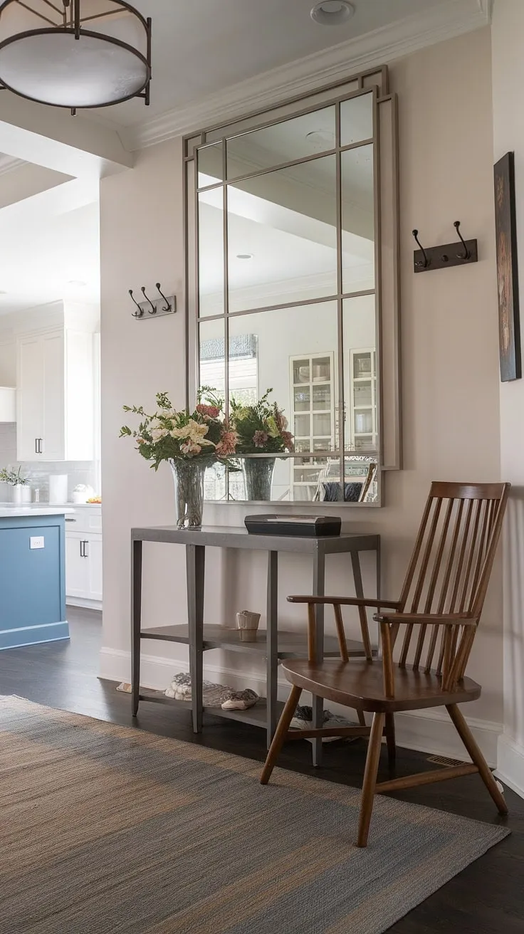This transitional entryway is the perfect blend of style and functionality. The carefully curated details, from the console table's subtle elegance to the thoughtfully placed hooks, create a welcoming atmosphere. The open plan reveals a stunning kitchen, showcasing a harmonious design throughout the home.