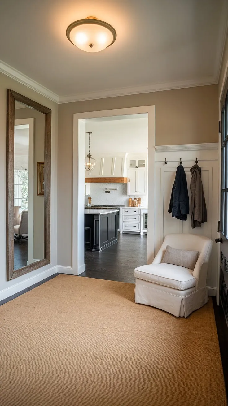 Step into effortless elegance. This transitional entryway, with its calming beige carpet and thoughtful details like the wood-framed mirror and convenient coat hooks, seamlessly connects the home's public and private spaces. The glimpse of the bright kitchen beyond hints at the sophisticated style that continues throughout.