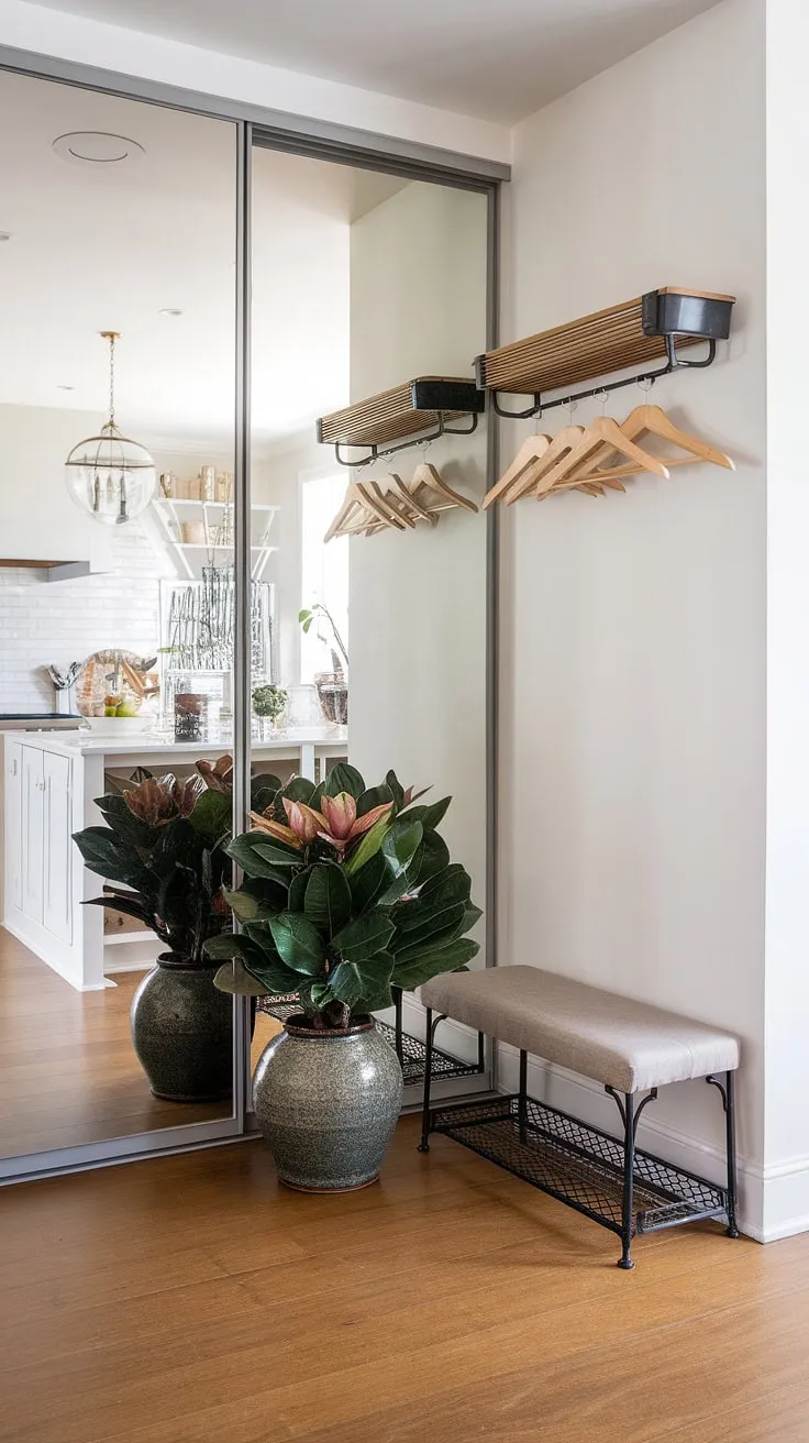This transitional kitchen entryway is the perfect blend of form and function. The strategic placement of a mirror maximizes the sense of space, complemented by the serene presence of a magnolia plant. Wooden hangers on the coat rack add a touch of warmth, all set against a backdrop of beautifully lit a hardwood floors.
