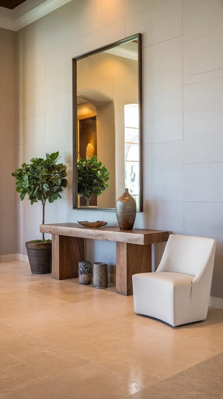Warm lighting illuminates the elegant entryway, where a simple wooden console table, adorned with a potted plant and decorative vase, sits invitingly beside a white accent chair. The large mirror above reflects the space, creating a sense of airy spaciousness. A perfect blend of comfort and style.
