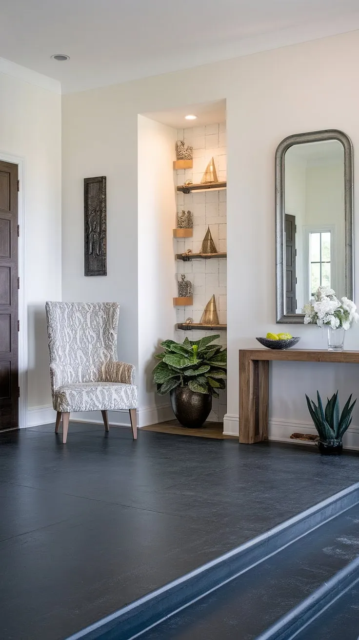 A sophisticated entryway, effortlessly blending style and functionality. The patterned accent chair invites a moment's pause, while the console table offers a practical surface for keys and everyday essentials. The mirror brightens the space, creating a sense of airy openness. A touch of greenery adds life and vibrancy to this transitional design.