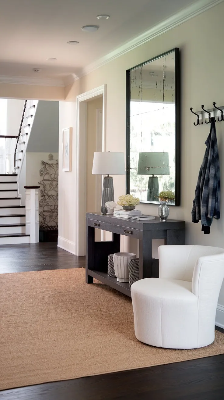 A sophisticated welcome awaits. This spacious entryway seamlessly blends modern and traditional elements, from the sleek console table to the comfortable white chair. The strategic placement of the mirror maximizes light and space, while the thoughtful addition of coat hooks and a floor lamp ensures both practicality and style. A truly inviting and functional area to begin and end your day.
