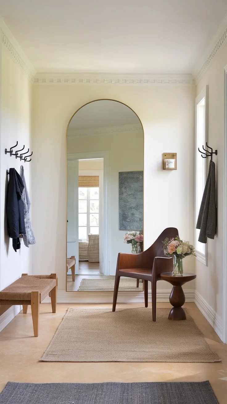 A thoughtfully designed entryway, where functionality meets style. The large mirror expands the space, while the wooden chair and small table create a cozy spot to pause. A place to shed your coat and gather your thoughts before stepping into the rest of your day. A perfect blend of form and function.