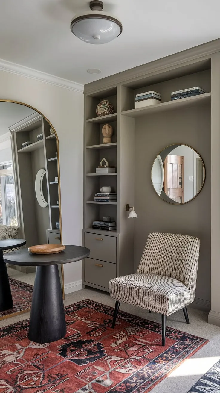 Step into mid-century modern elegance. This transitional entryway, complete with built-in storage, a statement mirror, and a comfortable accent chair, effortlessly blends style and functionality. The patterned rug adds a touch of warmth, creating a welcoming atmosphere. A perfect blend of form and function.