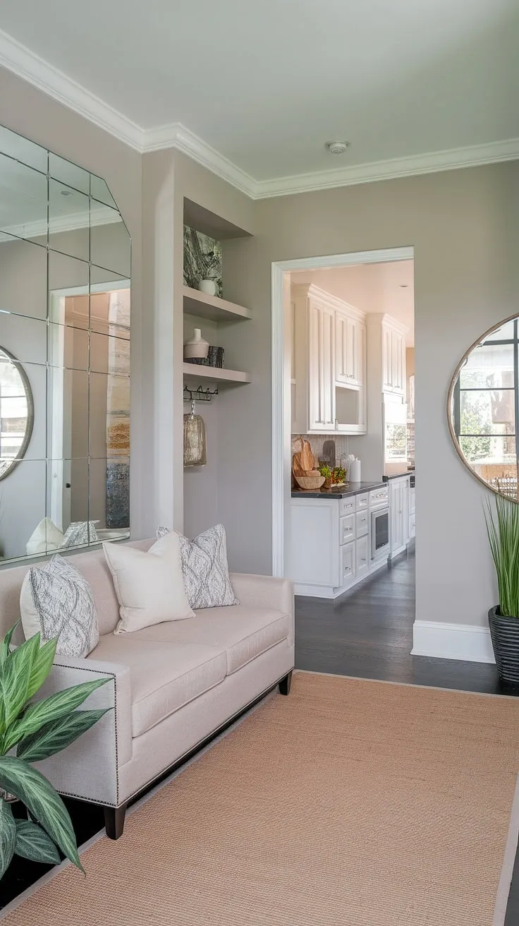 Step into serenity. This transitional entryway, with its calming gray walls and plush beige sofa, effortlessly blends comfort and style, seamlessly leading you to the bright, modern kitchen beyond. The large mirror adds depth and light, while the carefully chosen décor creates a welcoming atmosphere. A perfect example of how thoughtful design can transform a space.