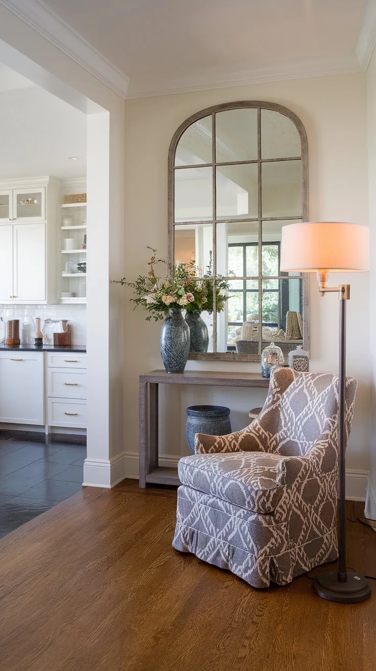 A sophisticated entryway sets the tone for the entire home. This space seamlessly blends modern and traditional elements, from the sleek mirror and minimalist console table to the rich wood floors and inviting accent chair. A touch of nature with the flowers adds a welcoming warmth, creating a truly inviting first impression.