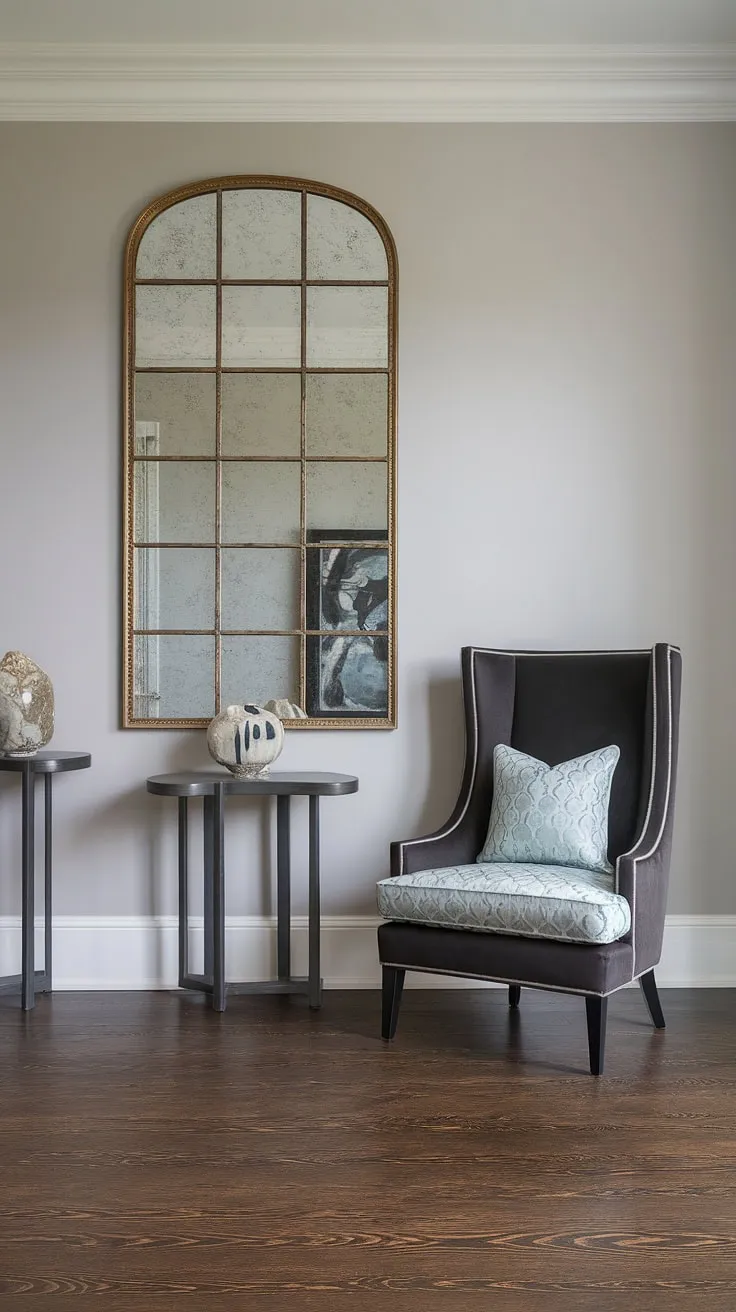 This transitional entryway is a study in elegant contrasts. The light gray walls and dark wood floors provide a neutral backdrop for the statement-making gold mirror and the comfortable, yet stylish, dark gray accent chair. A touch of blue from the cushion adds a pop of color, while a carefully chosen decorative object completes the curated look.