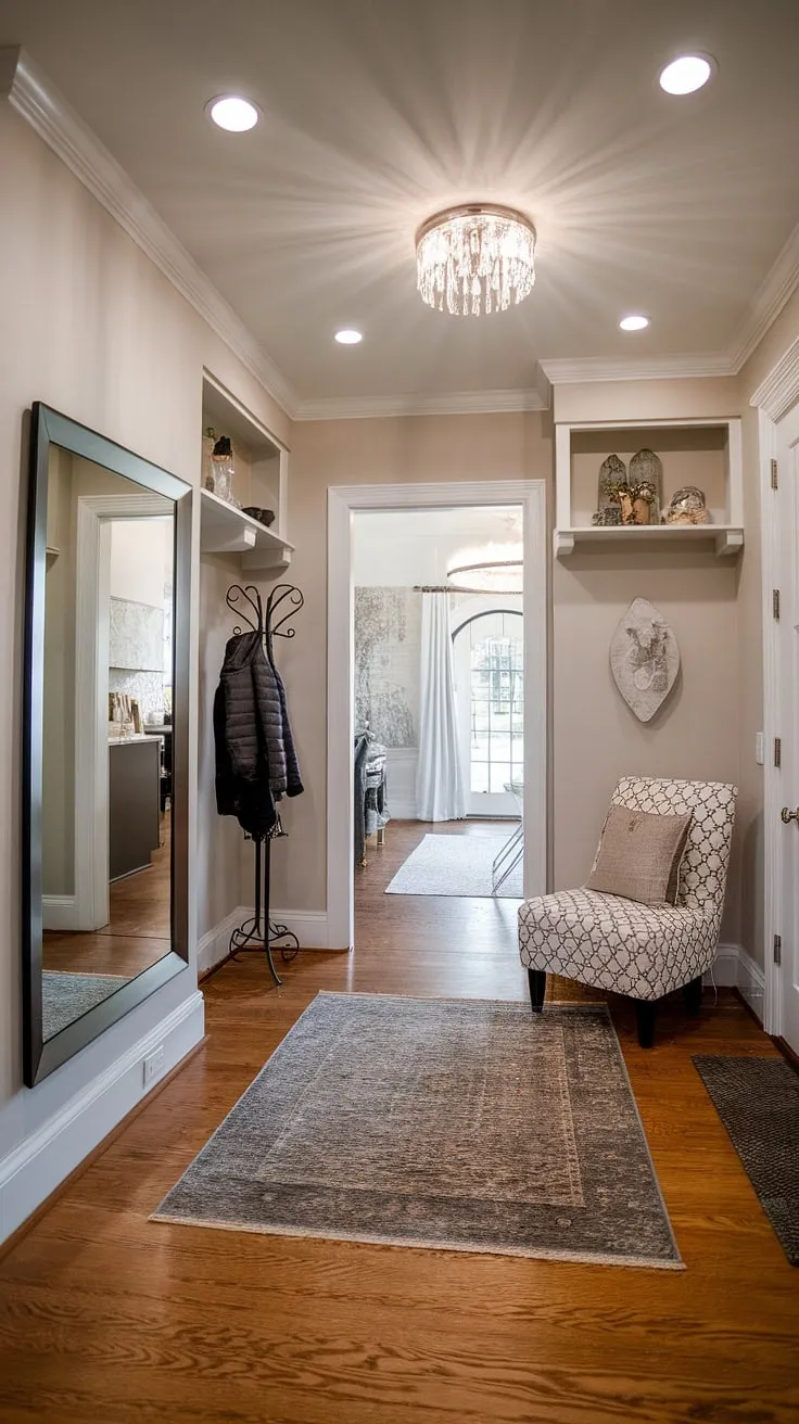 Step into sophisticated style. This transitional entryway, complete with a grand mirror, plush accent chair, and practical coat rack, sets the tone for the entire home. The warm hardwood floors and carefully curated details create a welcoming and elegant first impression. A perfect blend of form and function.