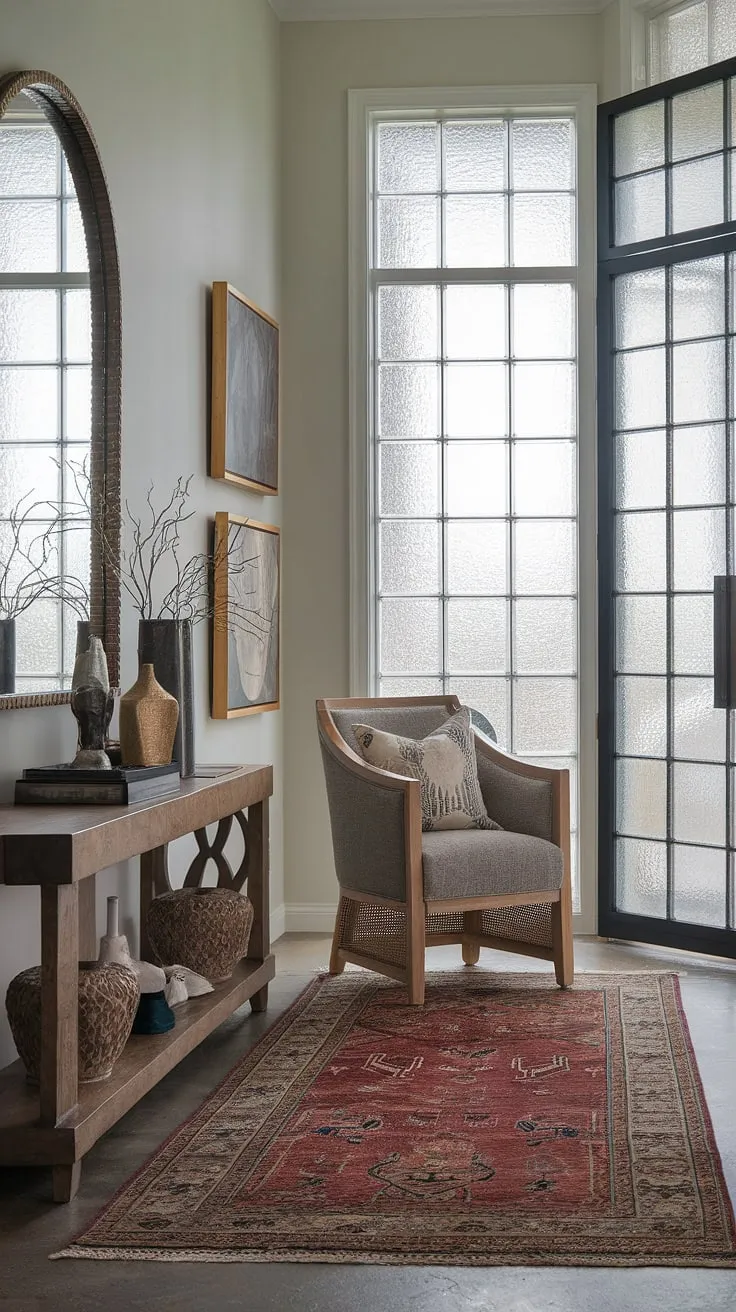 Step into serenity. This transitional entryway, bathed in soft light from the frosted glass window, welcomes you with a curated blend of textures and art, creating a space that's both inviting and sophisticated. The wooden accent chair offers a moment of pause, while the console table displays carefully chosen decorative items, adding personality to the space. A patterned rug anchors the area, completing the design.