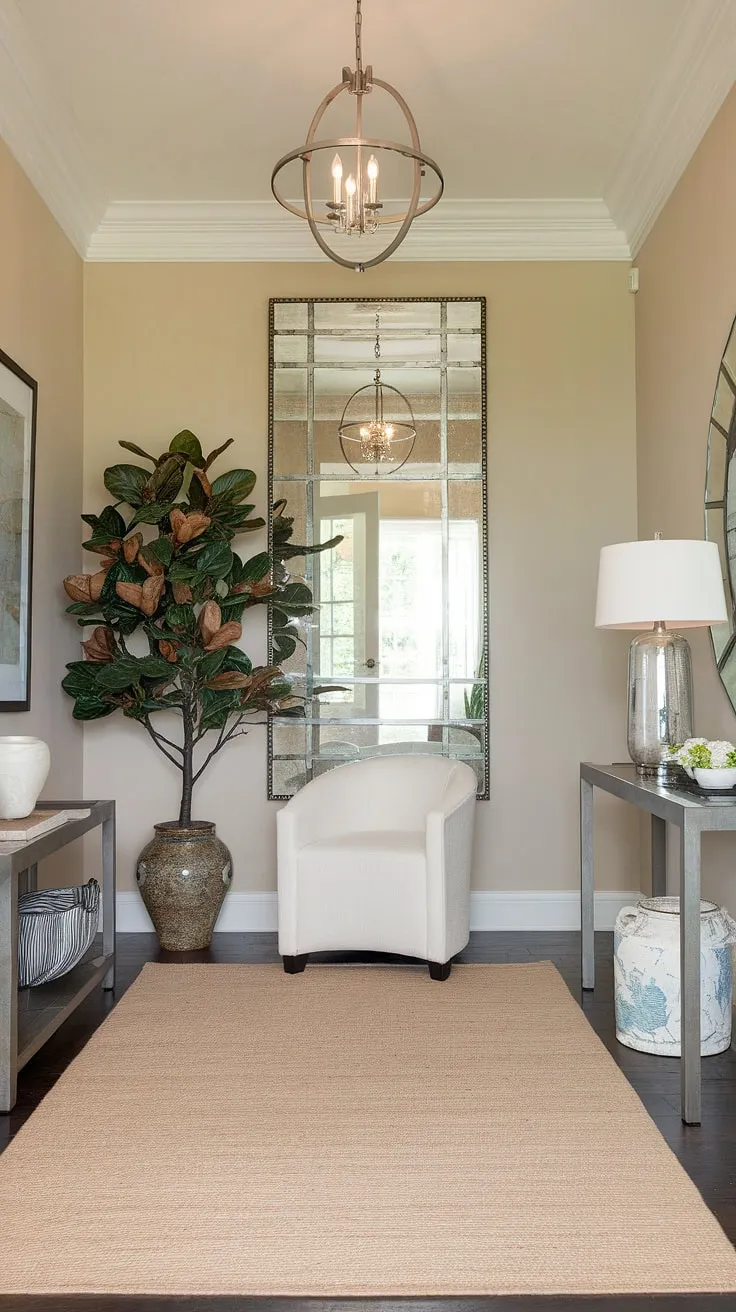 This transitional entryway showcases the art of subtle elegance. A carefully curated collection of pieces-from the statement mirror to the delicate magnolia-creates a welcoming atmosphere. A space designed for both beauty and practical use, it's a testament to thoughtful design.