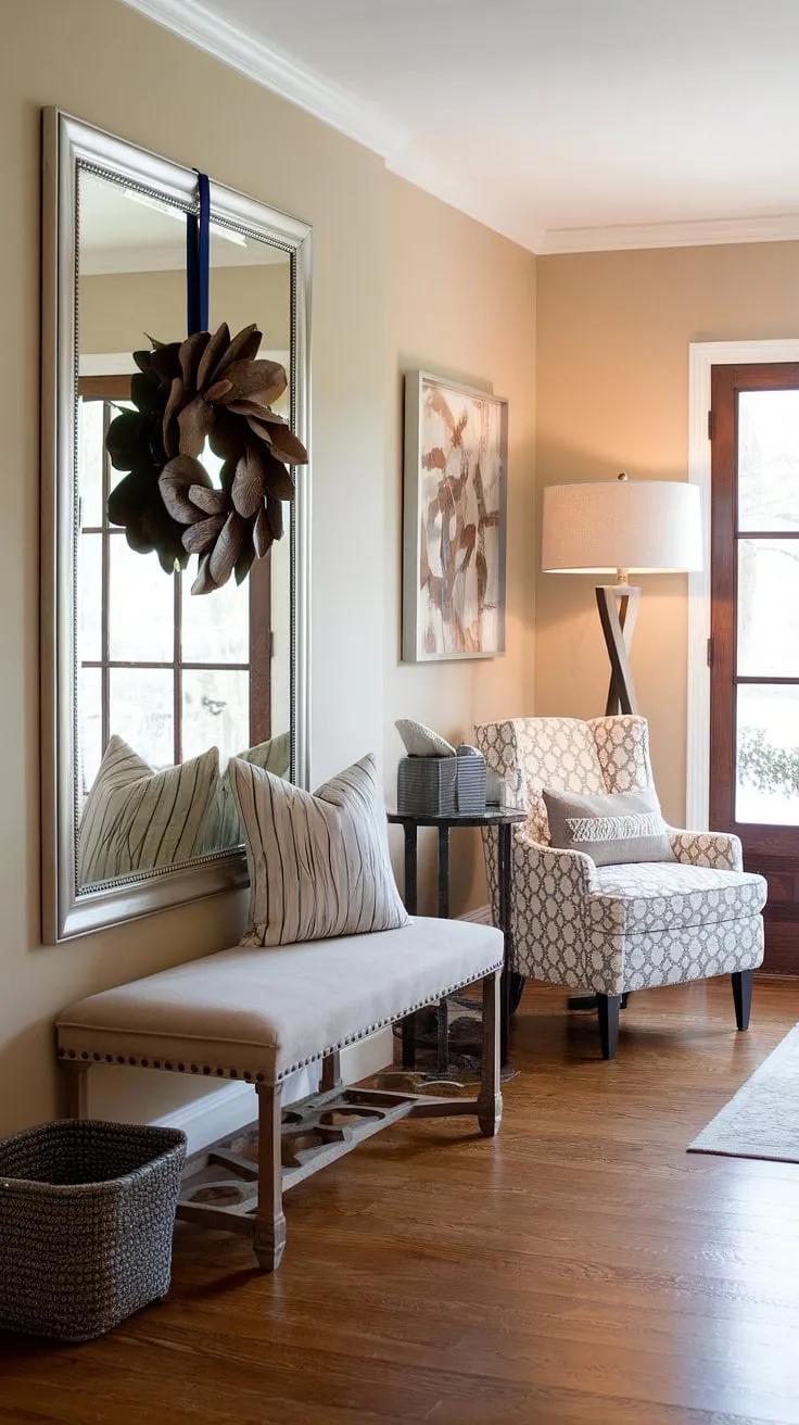 Step into serenity. This transitional entryway, with its calming beige walls, plush seating, and a grand mirror reflecting natural light, sets the perfect tone for the home. The magnolia wreath adds a touch of Southern charm, while the thoughtful details, like the floor lamp and decorative pillow, create a welcoming and inviting atmosphere.