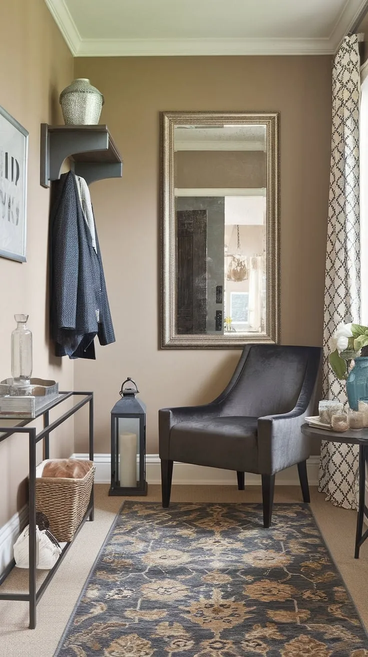 A sophisticated and functional entryway, effortlessly blending style and practicality. The neutral palette, anchored by the dark grey accent chair and complemented by the patterned rug, creates a serene and inviting atmosphere. The strategically placed mirror maximizes light and space, while the coat rack and small table provide convenient storage. A truly welcoming space.