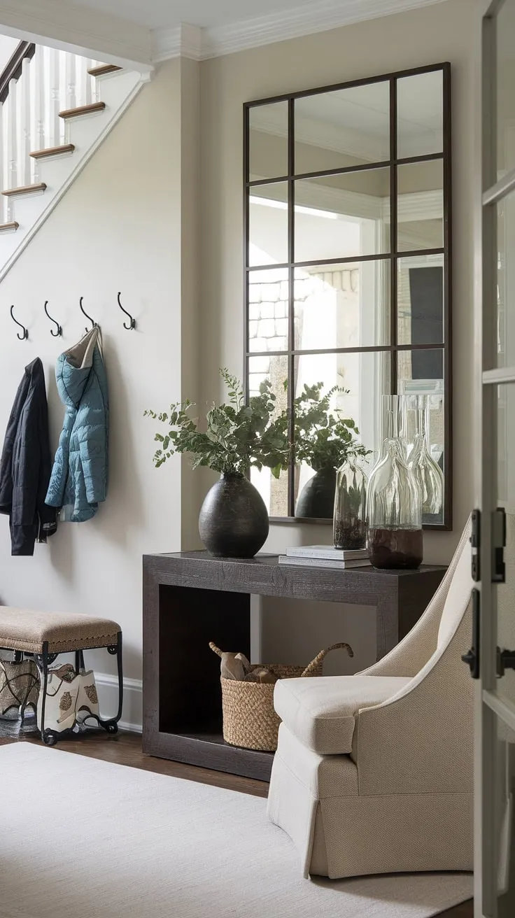 This transitional entryway effortlessly blends style and functionality. The dark wood console table, paired with a plush beige chair and a large mirror, creates a welcoming atmosphere, while the coat hooks and light rug add practical touches. A glimpse of the staircase and open door hints at the home's inviting interior.