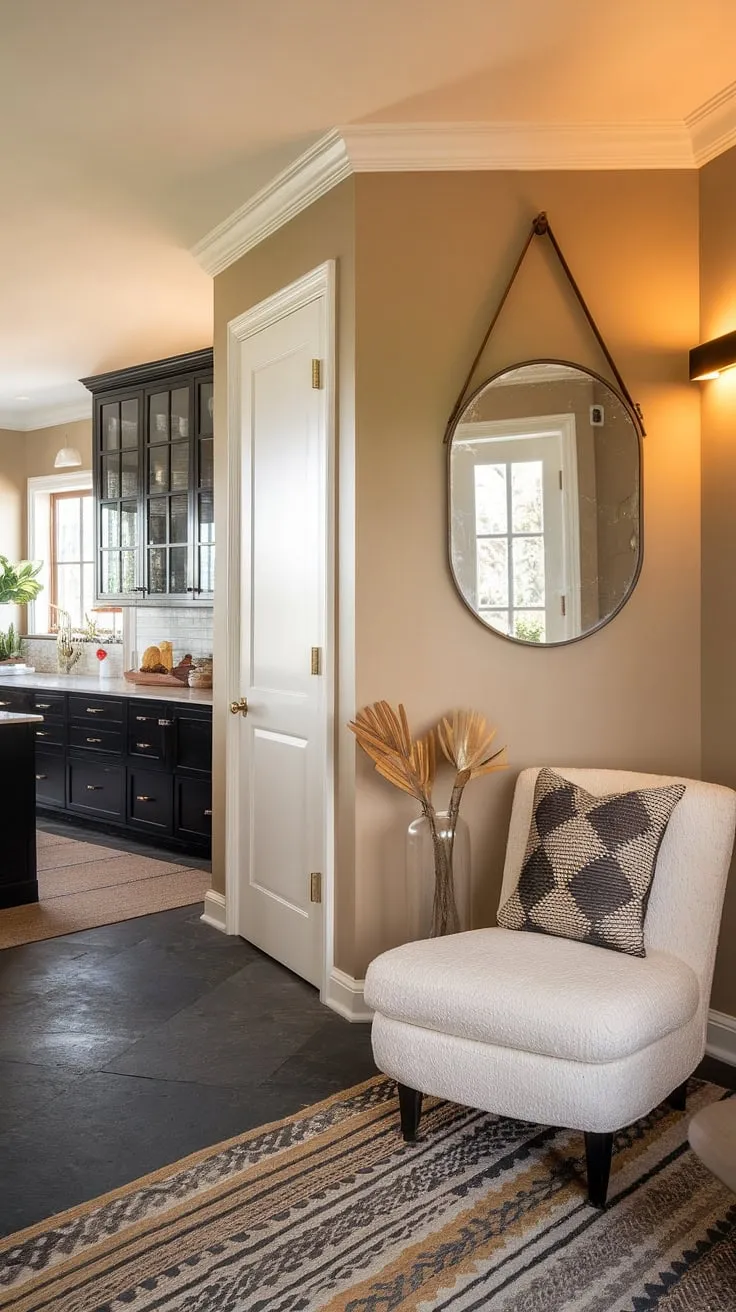 Warm lighting and a calming color palette create a welcoming transition from the entryway to the sleek, black-and-white kitchen. The white accent chair offers a perfect spot to pause and admire the space. A simple mirror reflects the light, enhancing the airy feel.