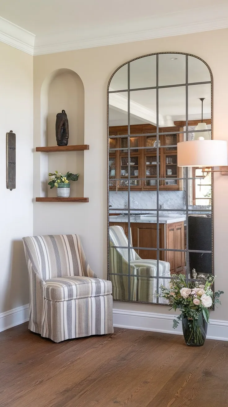 Step into a world of refined elegance. This transitional entryway, with its warm wood floors and crisp white walls, seamlessly blends modern and traditional elements. The large mirror reflects the stunning kitchen beyond, creating a sense of spaciousness and light. A comfortable accent chair invites you to pause and appreciate the carefully curated details, from the vase of fresh flowers to the thoughtfully placed decorative objects. A truly welcoming space.