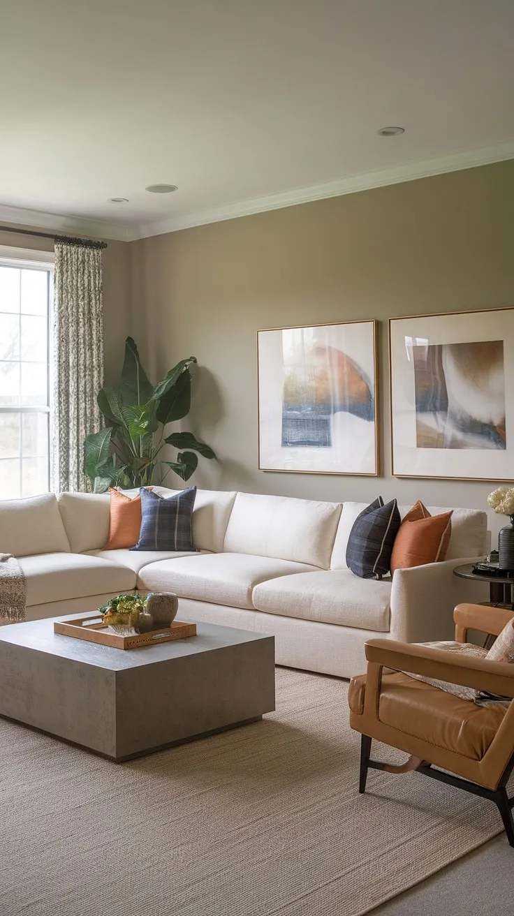 This transitional family room seamlessly blends comfort and style. The beige sectional sofa anchors the space, complemented by a gray coffee table and a neutral rug. Strategic pops of blue and orange add visual interest, while the soft gray walls and lush greenery create a calming and inviting atmosphere. A perfect example of understated elegance.