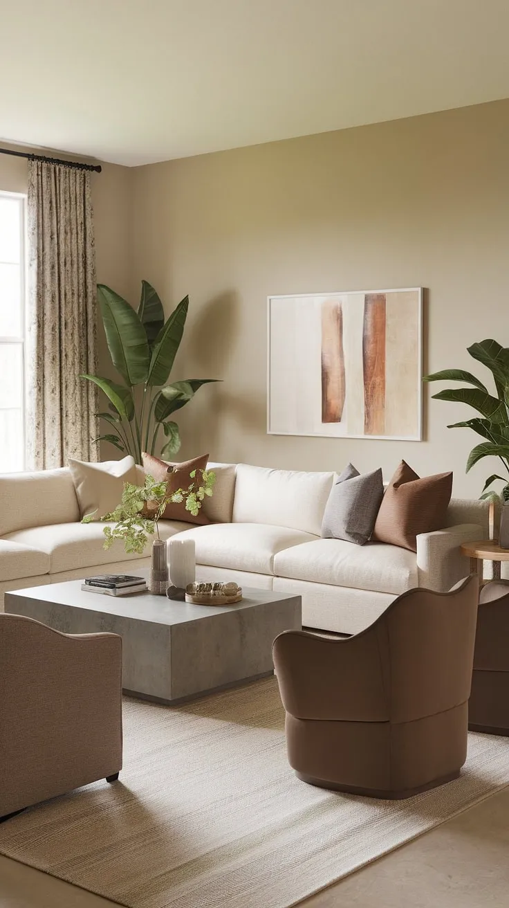 Relax and unwind in this tranquil family room, where earthy tones and comfortable seating create the perfect atmosphere for connection and conversation. The neutral palette, punctuated by pops of green, fosters a sense of calm and serenity. A versatile sectional sofa anchors the space, providing ample room for family and friends to gather.