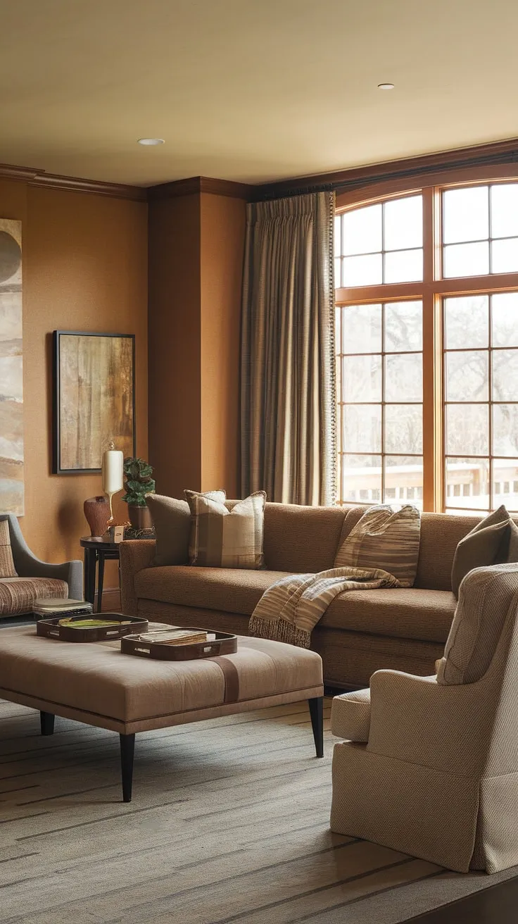 Sunlight streams into this tranquil family room, highlighting the warm earth tones and comfortable sectional-a perfect space for connection and relaxation. The carefully curated details, from the artwork to the plush textures, create an inviting atmosphere where memories are made.