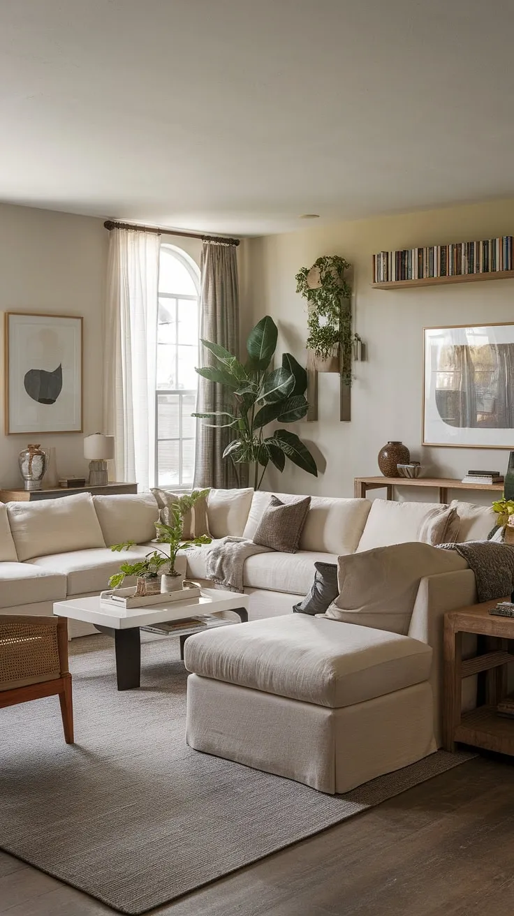 Relax and unwind in this beautifully designed family room. The earthy tones and natural textures create a serene and inviting space, perfect for spending quality time with loved ones. The comfortable sectional sofa, stylish rug, and thoughtful accessories work together to achieve a balanced and harmonious aesthetic. It's the ideal blend of comfort and contemporary design.