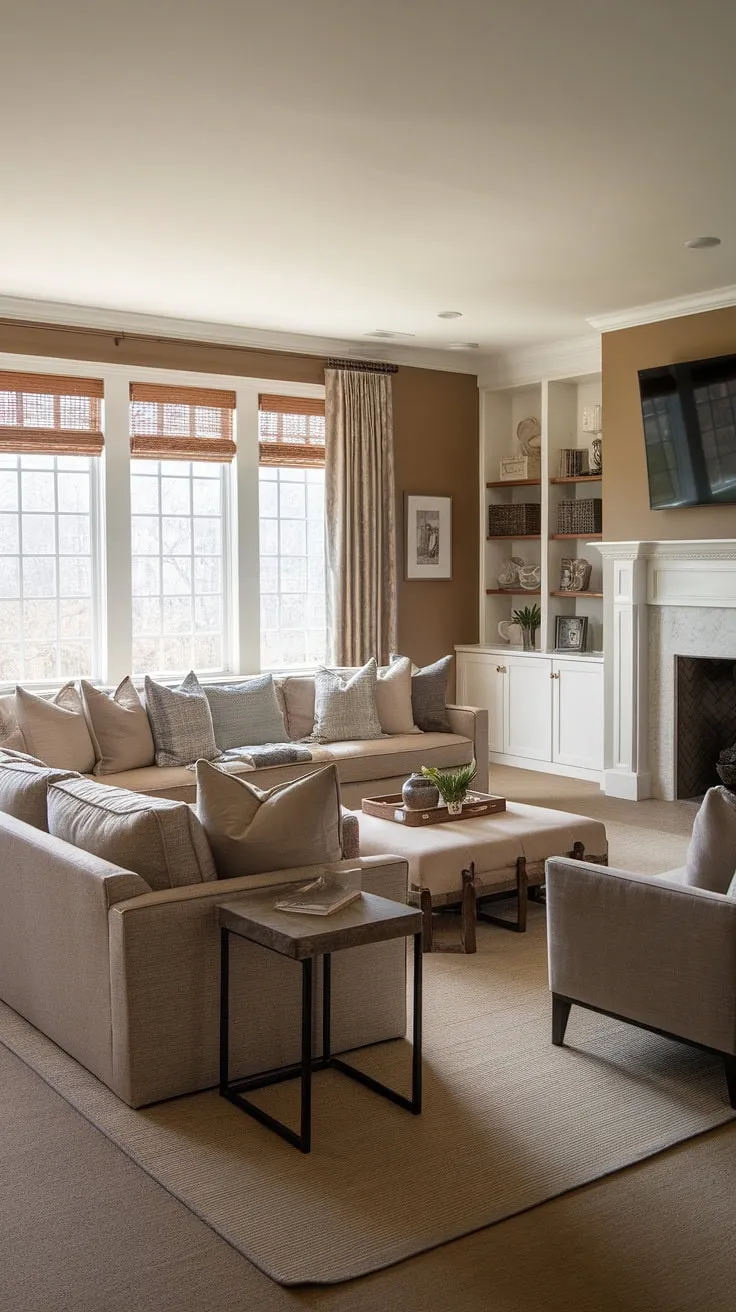 This transitional family room seamlessly blends comfort and style. The neutral color palette, complemented by the warm wood tones and plush sectional, creates a sophisticated yet relaxed environment. The strategic placement of furniture maximizes space and functionality, making it ideal for both entertaining and everyday living. A perfect example of understated elegance.