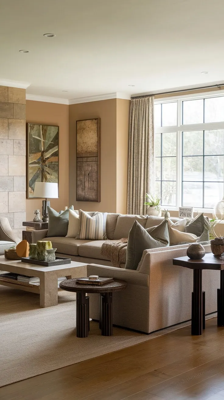 A sanctuary of calm awaits. This transitional family room, bathed in natural light, showcases a harmonious blend of earthy beige, brown, and green hues. The spacious sectional invites conversation and relaxation, while carefully chosen accessories add personality and warmth. A space designed for cherished moments.