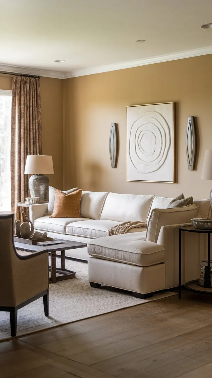 Warmth, comfort, and effortless style define this transitional family room. The earthy palette, complemented by the soft beige sectional and rich wood floors, creates a haven for relaxation and connection. A perfect blend of sophistication and casual living.