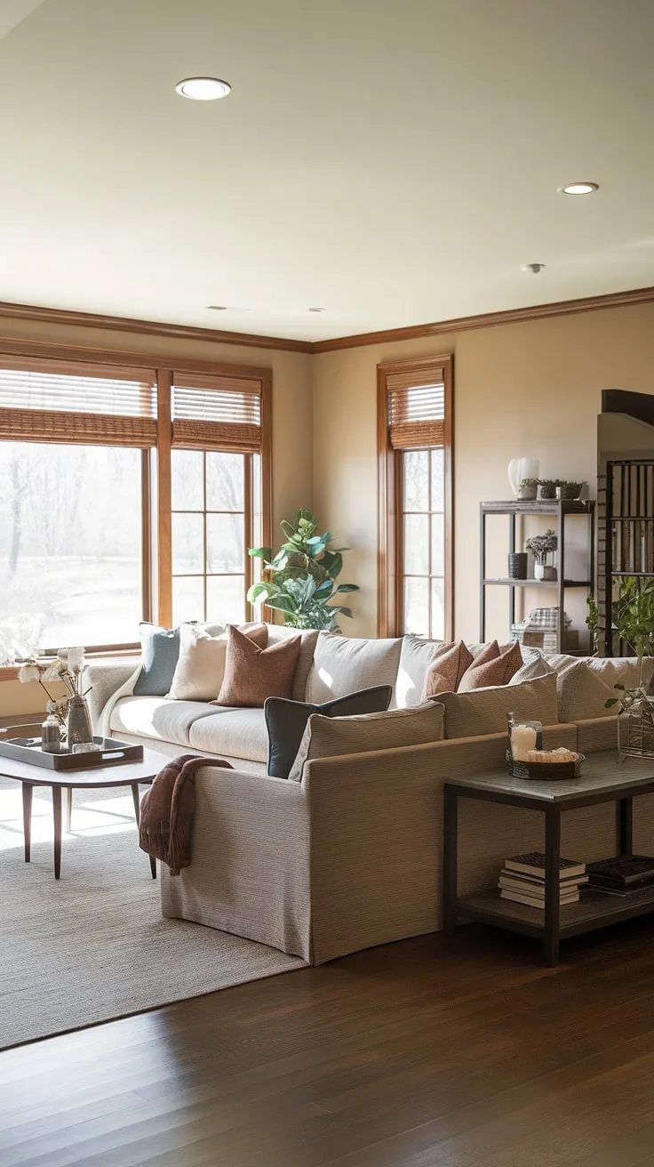 Sunlight streams through the wooden blinds, illuminating the warm, earthy tones of this transitional family room. The comfortable sectional sofa invites relaxation, while the carefully chosen furniture and greenery create a space that's both stylish and inviting. A perfect blend of comfort and sophistication.