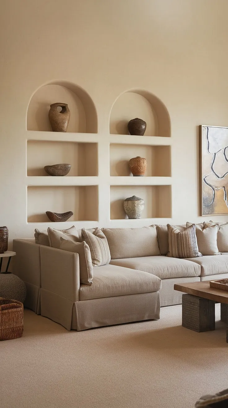 This transitional family room seamlessly blends comfort and style. The beige sectional sofa, complemented by the neutral color scheme and plush carpet, invites relaxation and creates a warm, inviting atmosphere perfect for spending quality time with loved ones. A space designed for connection and comfort.