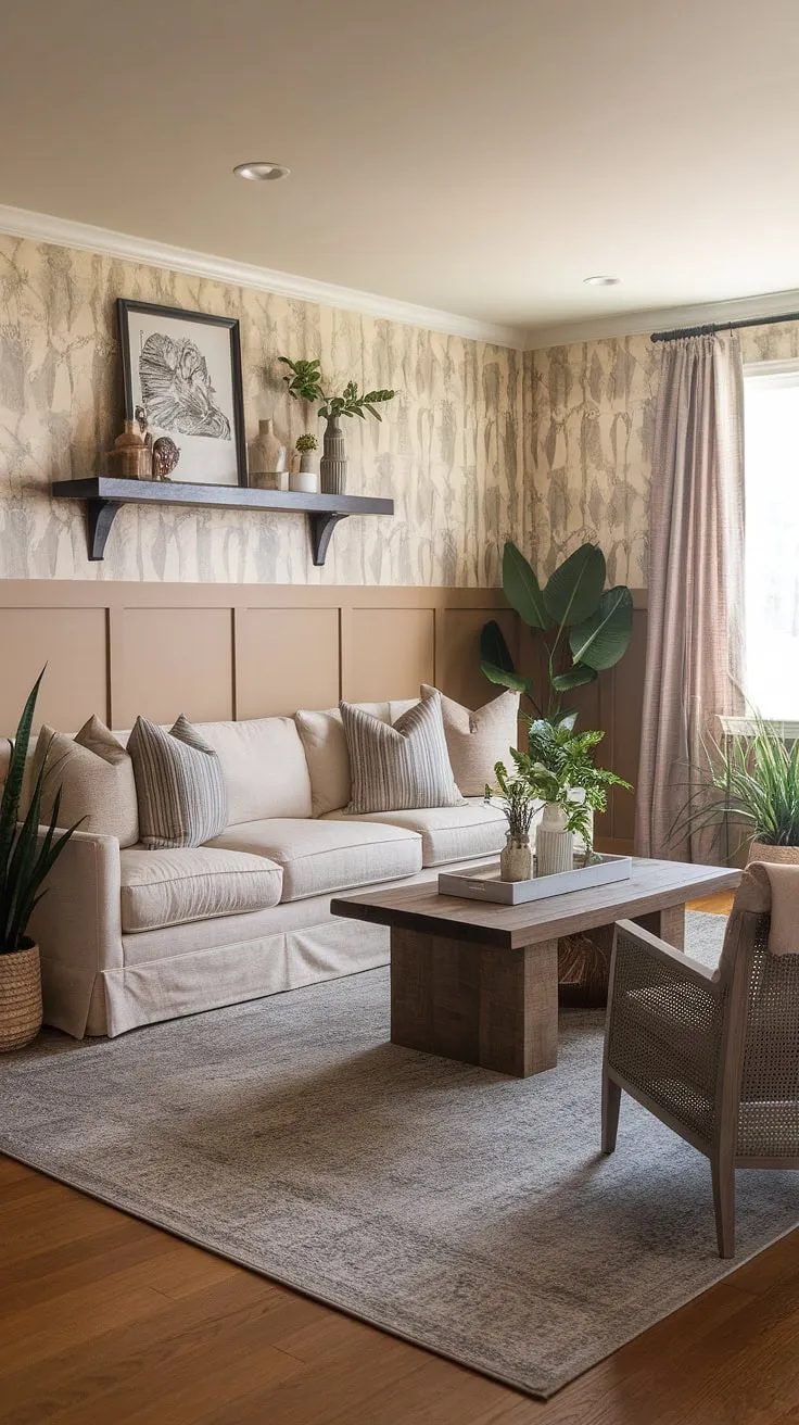 Relax and unwind in this transitional family room, where earthy tones and a comfortable sectional sofa create a haven of calm. The subtle grey and beige palette, complemented by natural wood and lush greenery, fosters a sense of tranquility and effortless style. A perfect space for a quality family time.