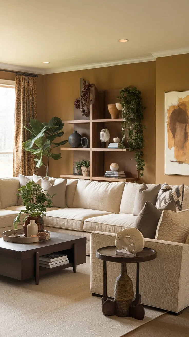This transitional family room seamlessly blends comfort and style. A spacious beige sectional sofa anchors the room, while the dark brown coffee table and wooden elements add depth and warmth. The carefully curated plants bring a touch of nature indoors, creating a serene and inviting space for everyone to enjoy.