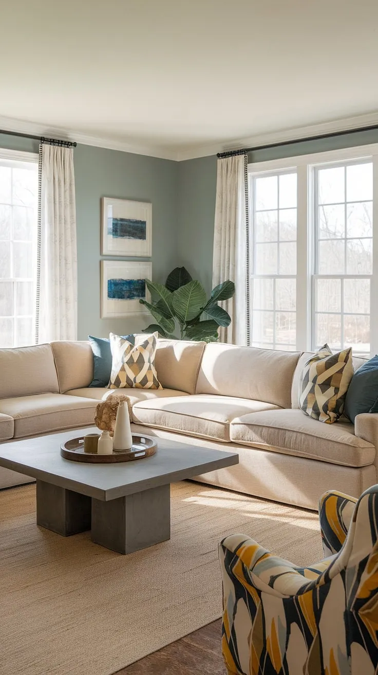 This transitional family room seamlessly blends comfort and style. A calming blue-toned wall provides a backdrop for a beige sectional sofa, creating a serene atmosphere. The addition of geometric patterned pillows and a gray coffee table adds visual interest, resulting in a space that is both inviting and sophisticated.